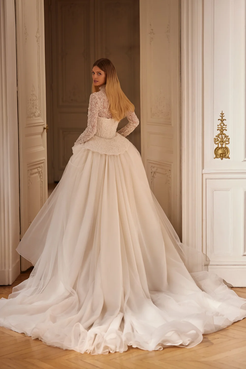 Wedding Dress with Beaded Lace Bodice & Detachable Chantilly Lace